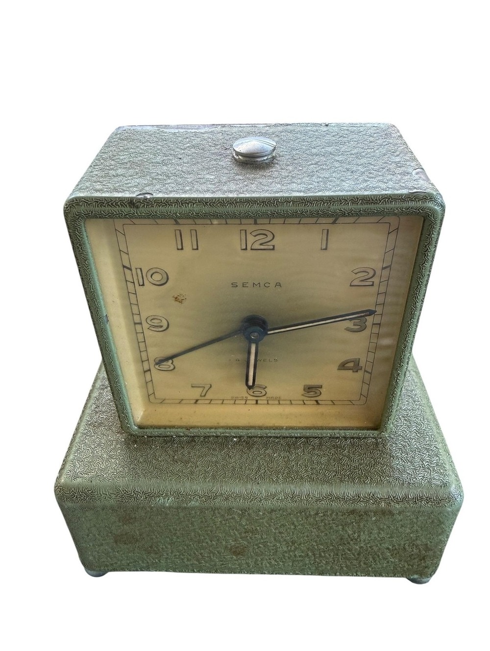 Vintage SEMCA Swiss-Made Alarm Clock – Textured Green Metal Case – Non-Working